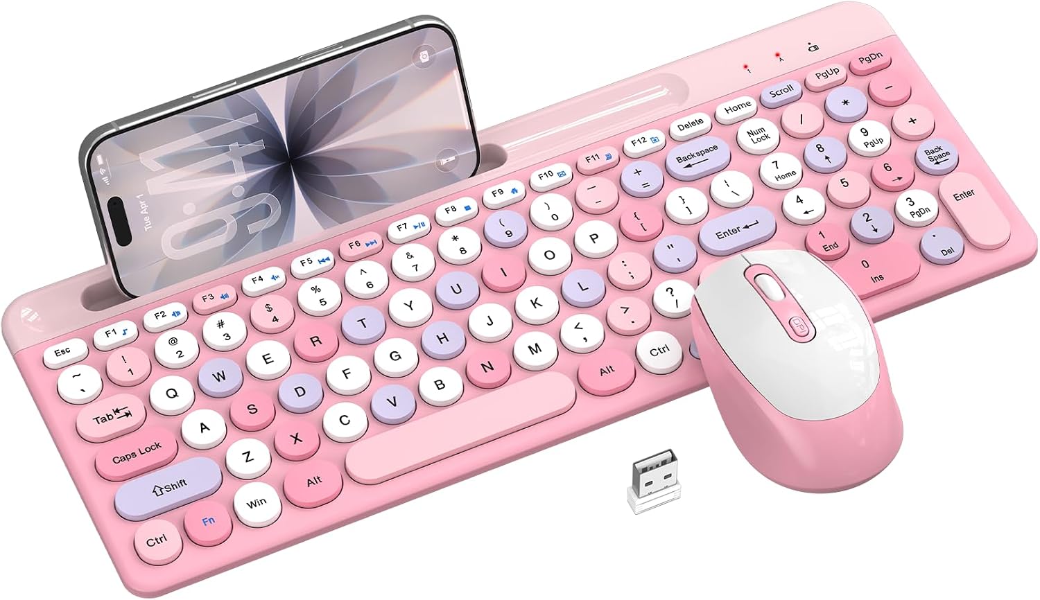 Colorful Wireless Keyboard and Mouse Combo - Round Keycaps, 2.4GHz Retro Typewriter Keyboard with Number Pad, Cute Compact USB Keyboard and Mouse for Computer PC Desktop Laptop (Pink)