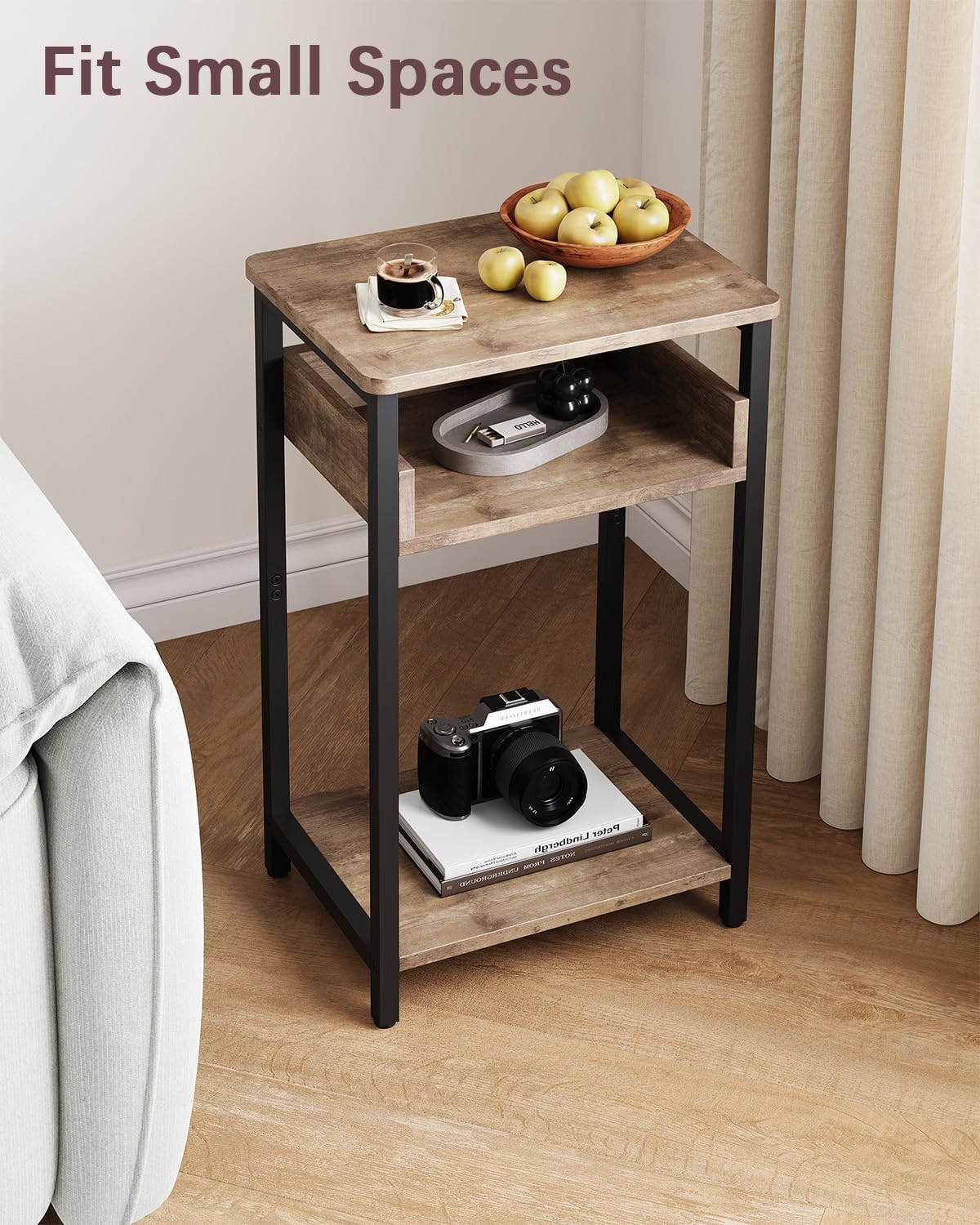 Side Table, 25 inch High End Table, Small Bedside Table for Living Room, Bedroom and Office, Greige & Black