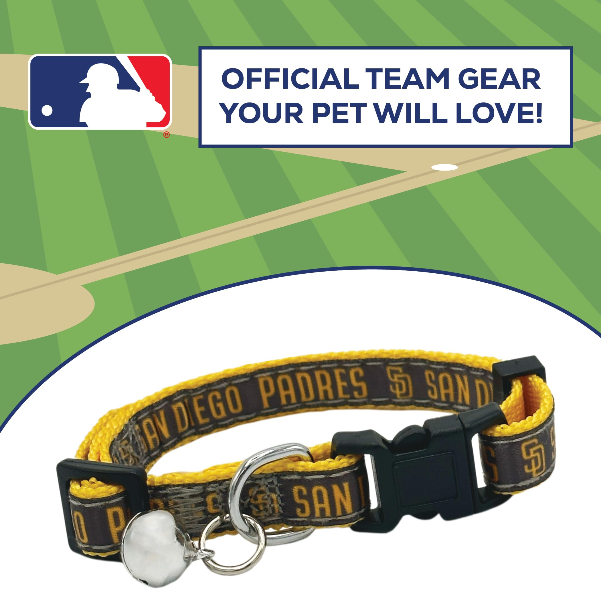 MLB CAT Halsband San Diego Padres Satin Katzenhalsband Baseball Team Halsband für Hunde & Katzen Ein glänzendes und farbenfrohes Katzenhalsband mit Klingelglocken-Anhänger