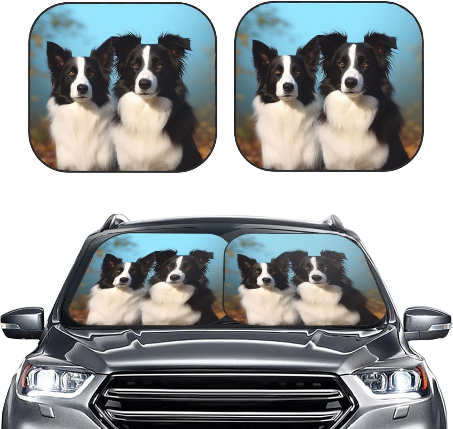 Windshield Sun Shade for Car Border Collie Print Foldable 2 Piece Car Sunshades