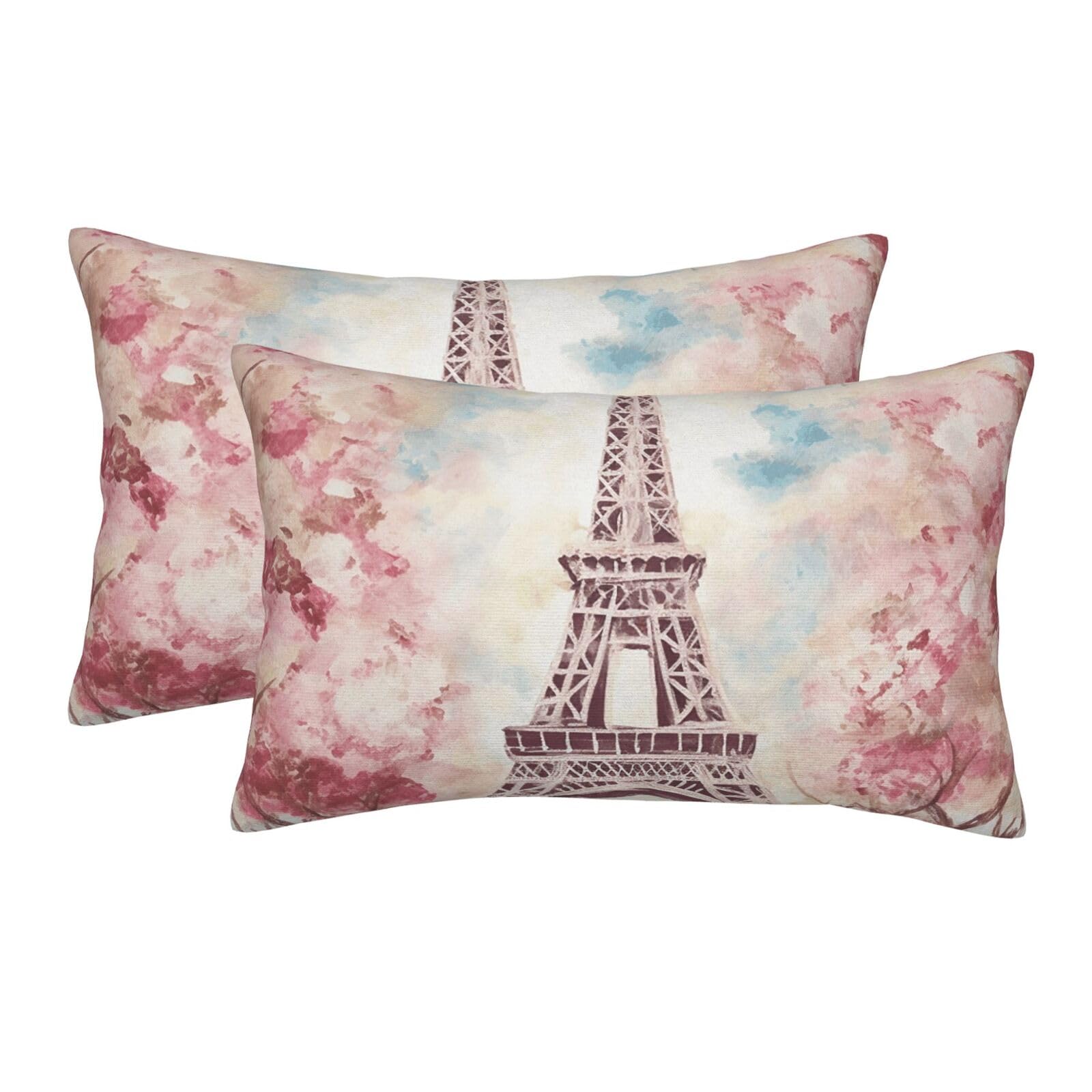 2 Pack Standard Size Pillow Cases for Hair and Skin Soft Breathable Pillow Case Covers with Hidden Zipper Beautiful Eiffel Tower Paris Pillowcase 14"x20" Pillow Cover for Sleeping Gift