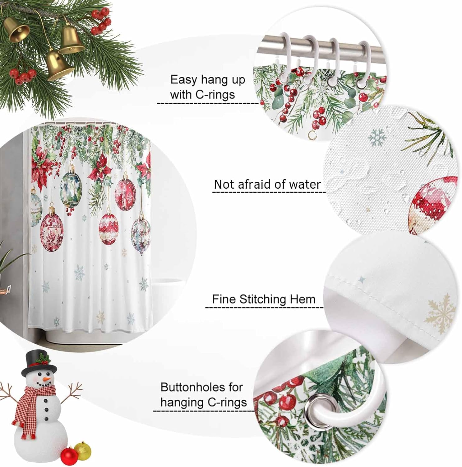 Christmas Shower Curtains for Bathroom Christmas Balls Winter Shower Curtain Set Pine Tree Branch Poinsettia Snowflake Waterproof Polyester Bathroom Curtain with Hooks Home Decor Extra Long 72x84 Inch