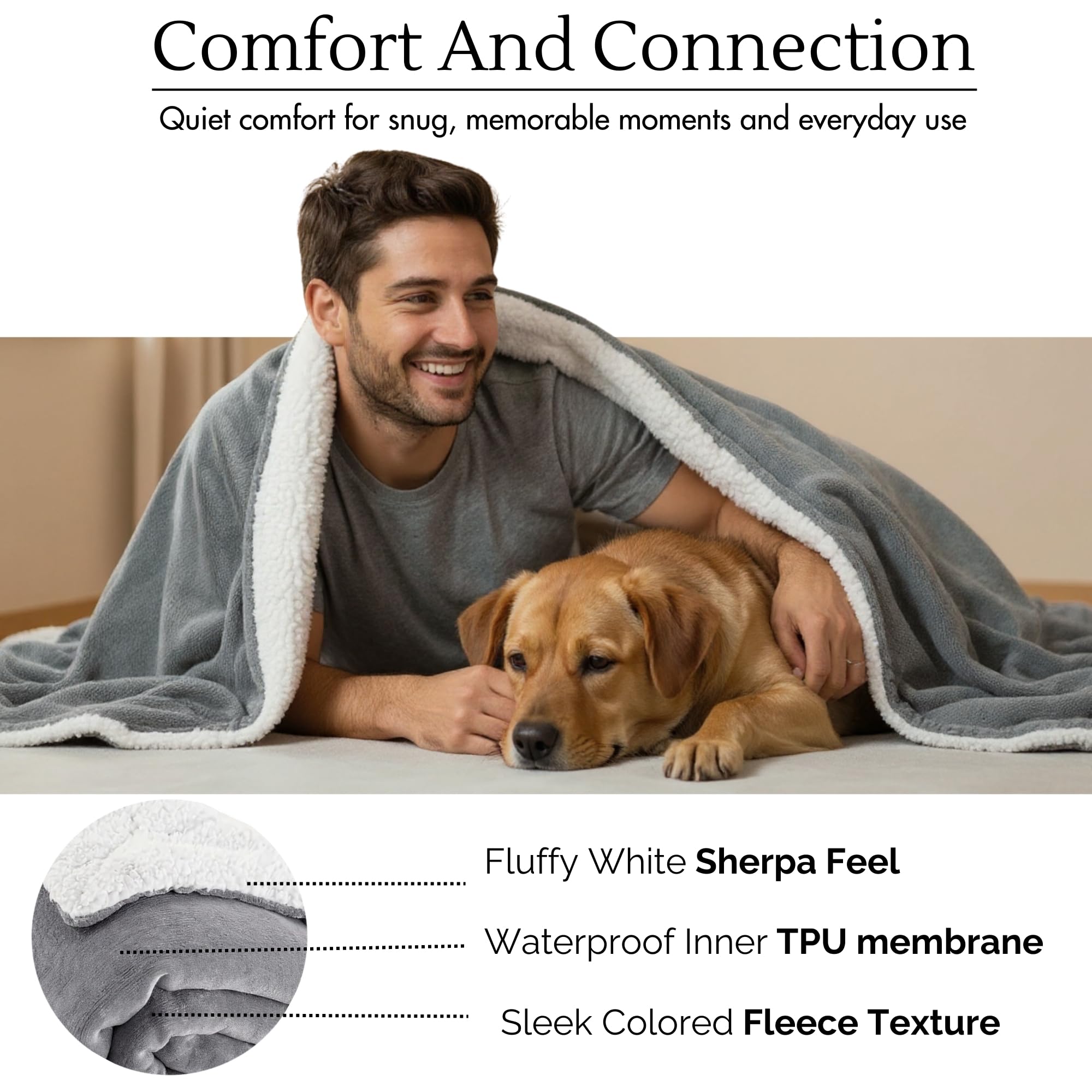 CREW FLX Waterproof Blanket for Bed Intimacy (80"x 60" Queen Size) Reversible Fleece | Sherpa, Love Blanket, Water Proof TPU Stain Proof Couch Furniture Mattress Winter Large Dog Bed Cover - Gray: Gray Sherpa Fleece 80 x 60 inch
