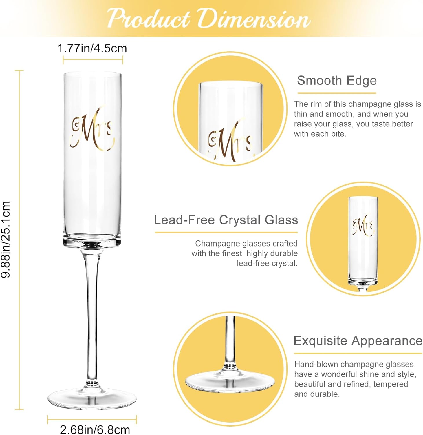 Topsky Mr & Mrs Crystal Champagne Flutes set of 2,Bride & Groom Toasting Glass,Modern & Elegant,Unique Gifts for Wedding, Anniversary,Engagement,Christmas, Birthday,7oz - Image 4