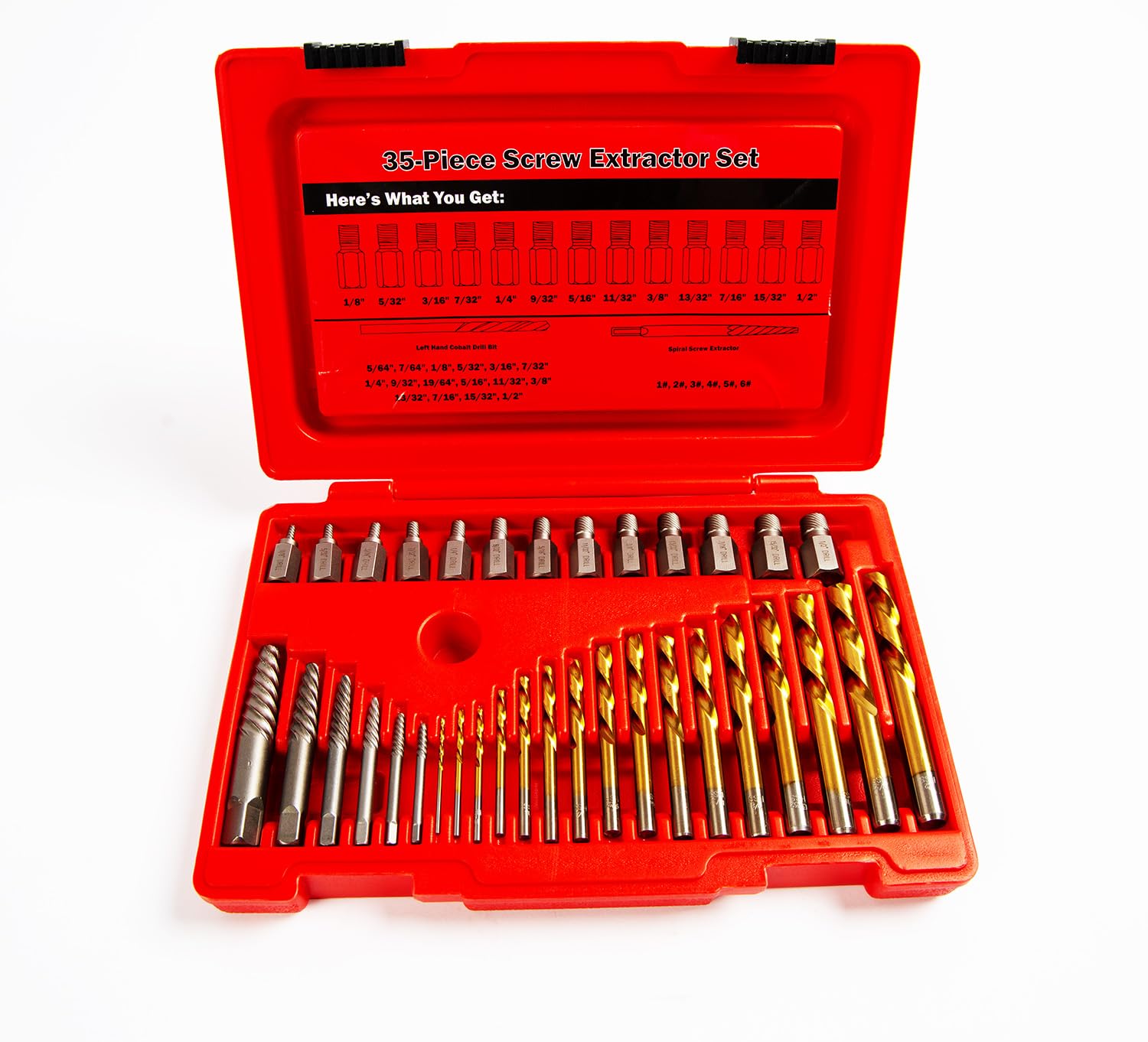 Screw Extractor and Drill bit kit, Broken Bolt Extractor, Drill bit and Screw Screw Extractor for Removing Broken Studs, Bolts, Allen Screws, and Accessories, 5/64" to 1/2", 35-Piece Set