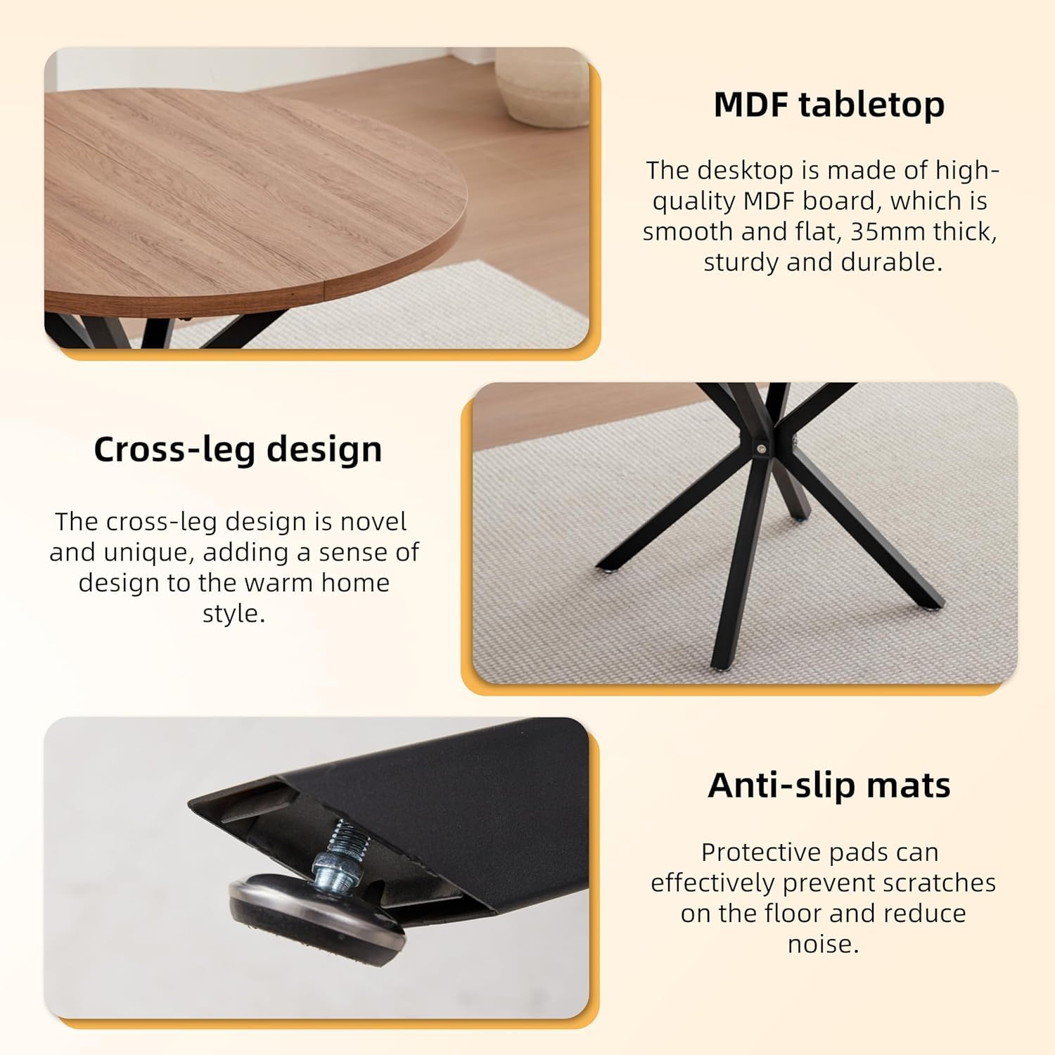 GrandCA HOME - Juego de Comedor con 4 sillas, Mesa Redonda de Madera de 100 x 100 x 75 cm, 4 sillas de Respaldo Alto, Patas de Madera de Haya (marrón Claro y Caqui)
