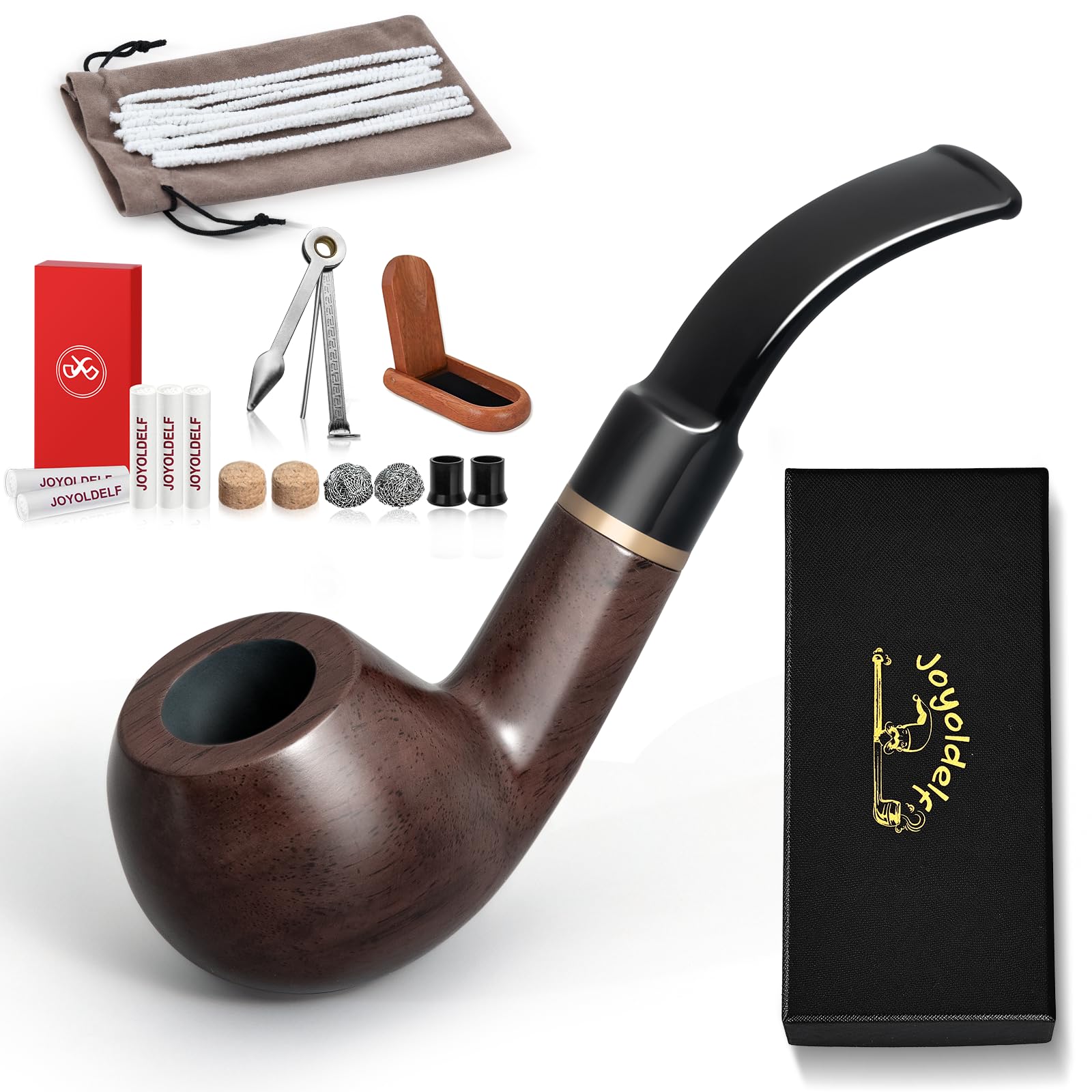 JoyoldelfTobacco Pipe Starter Kit – Handmade Ebony Wood Smoking Pipe with 9mm Filters, Scraper, Pipe Cleaner, Stand & Accessories, Wooden Pipe for Tobacco, Ideal Gift for Pipe Smoking Lovers