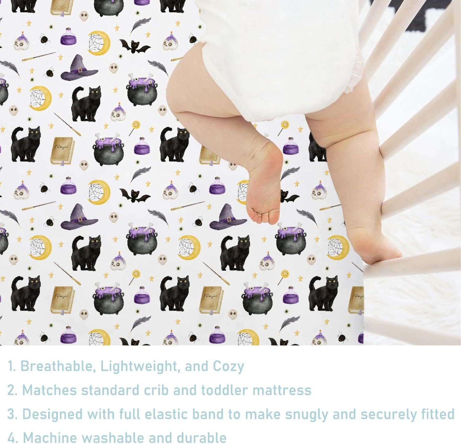Cute Spooky Witch Cats Bats Skulls Moon Baby Crib Sheet 52''x28'' Happy Halloween Holiday Stretchy Fitted Crib Mattress Cover for Boy Girl Soft Baby Bed Sheets for Standard Crib and Toddler Mattress