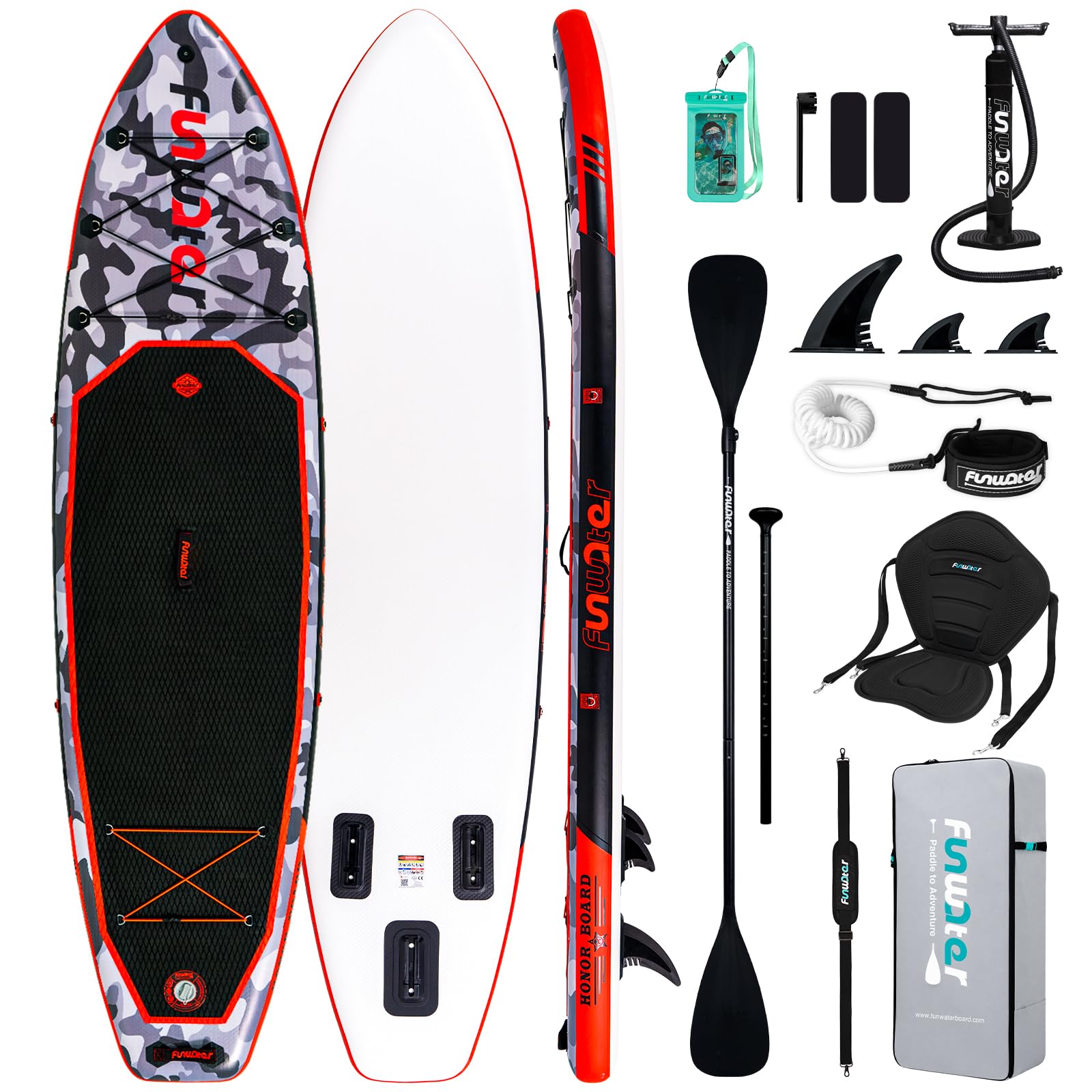 FunWater Nadmuchiwana deska SUP 330 cm – kompletny zestaw z wiosłem, plecakiem, pokrowcem na telefon komórkowy, 3 płetwami, pompką, siedziskiem i paskiem na ramię – deska SUP dla początkujących i