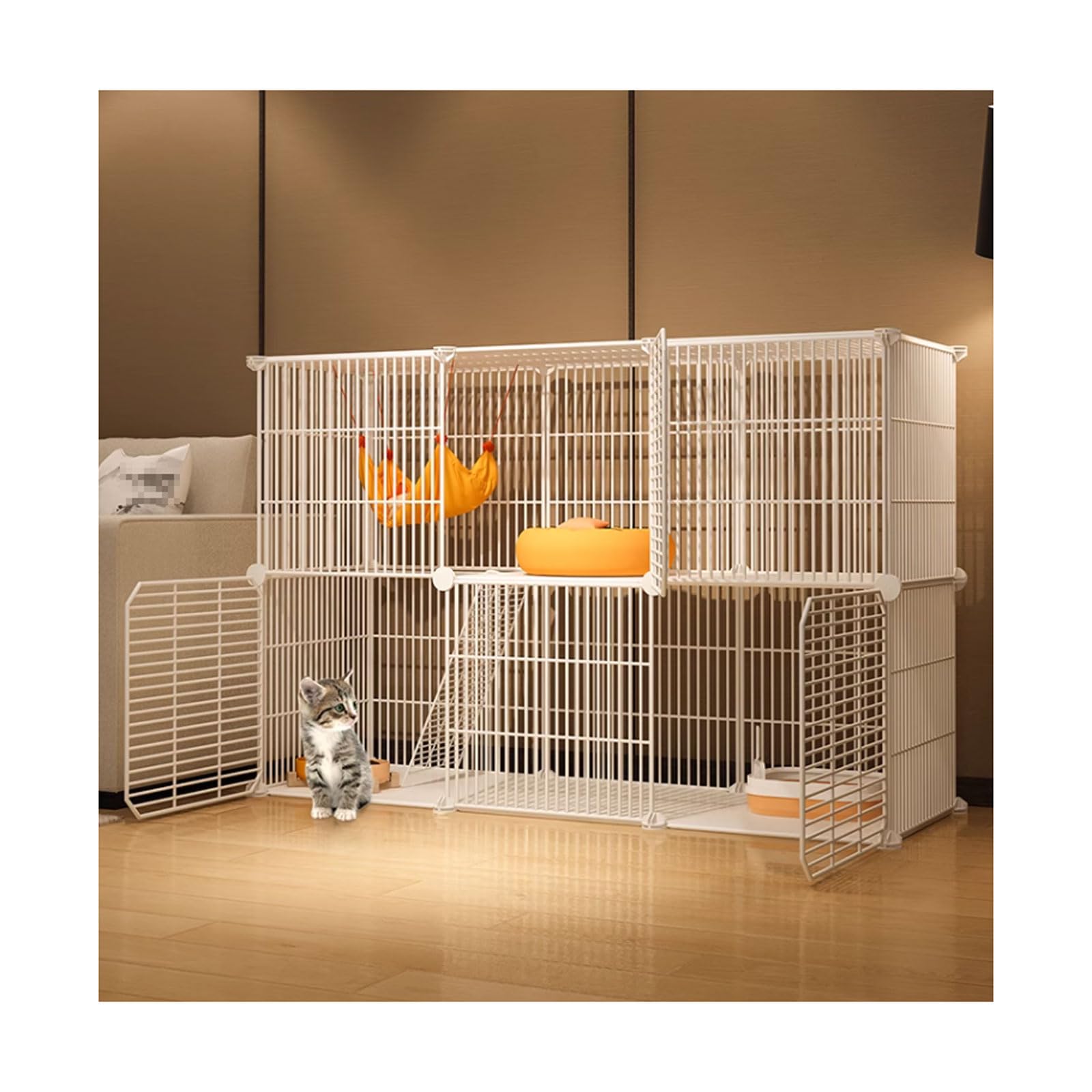 Gabbia per gatti a 2 livelli, piccola gabbia per gatti da interni, cuccia fai da te staccabile, in filo metallico con 3 porte, per piccoli animali e conigli