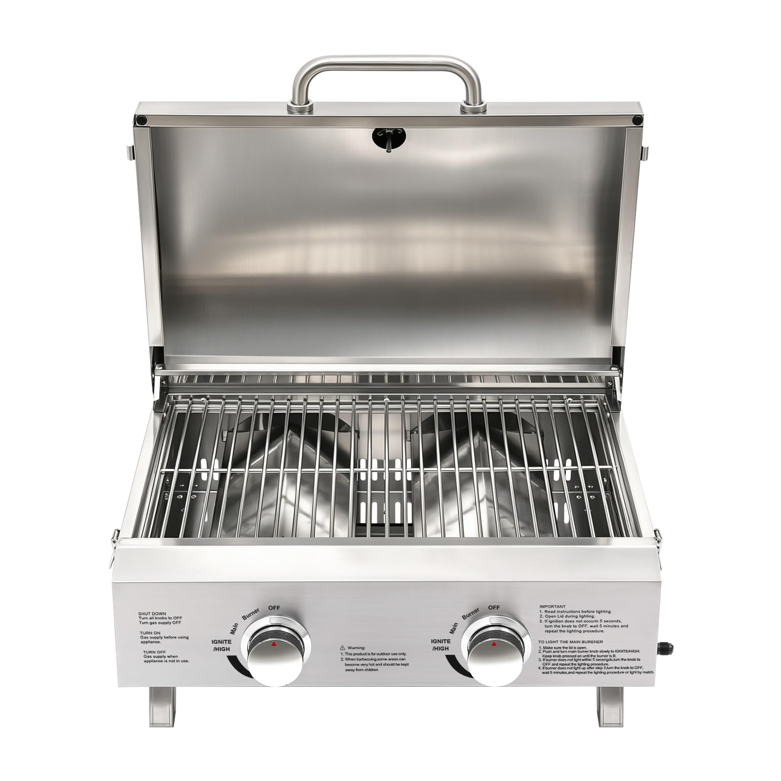 Barbecue a gas in acciaio inox, 2 fuochi, portatile pieghevole per esterni, con pietra per pizza, per giardino, campeggio, picnic, camper, ideale per famiglie e amici, barbecue