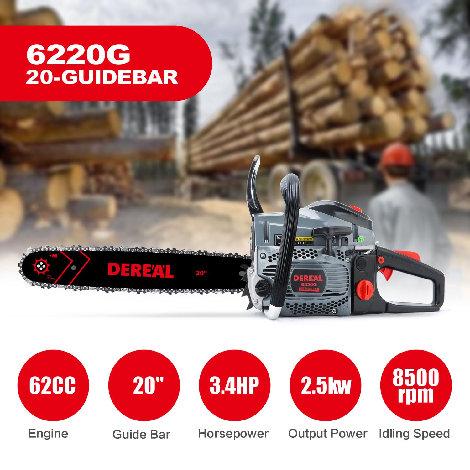 Motosierras de gas de 62 cc, motosierra de gasolina de 2 tiempos, motosierras de 20 pulgadas a gas para cortar árboles de madera al aire libre, jardín, granja, hogar