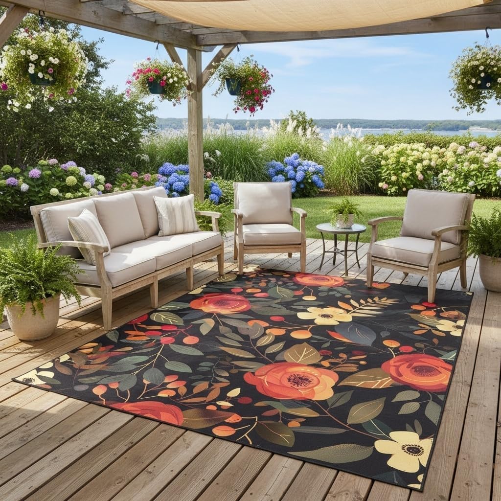 Black Red Floral Outdoor Rug 3x5 Modern Botanical Flower Texture Rugs for Patio Deck Porch Balcony Camping Waterproof Non Slip Garden Large Outside Carpet Easy Clean Machine Washable Flowers Mat