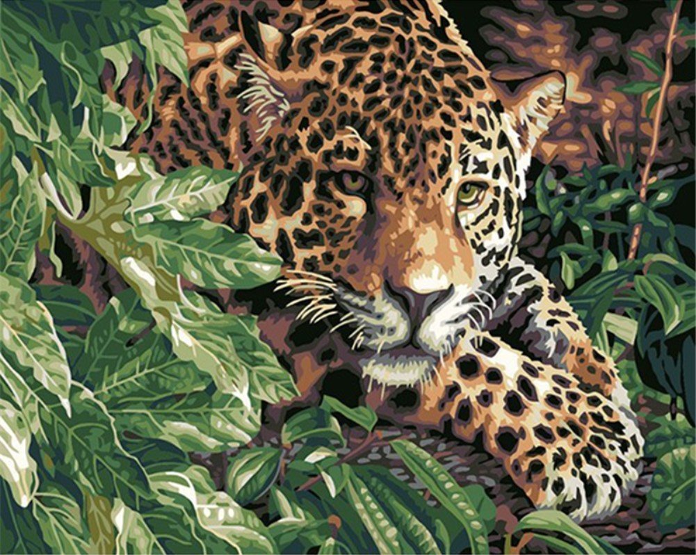 Abeuty Leopard Diy Paint By Numbers For Adults Beginner - Forest Kneeling Animal 16X20 Inches Number Painting