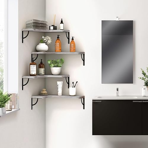 Miniatura 5 de Estante flotante de esquina gris para montaje en pared, estantes flotantes de madera de 4 niveles (blanco rústico)