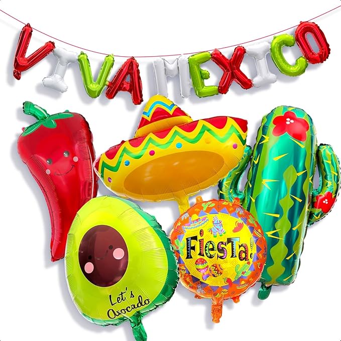 Kit globos metálicos fiesta mexicana cactus aguacate taco sombrero 15 septiembre decoración