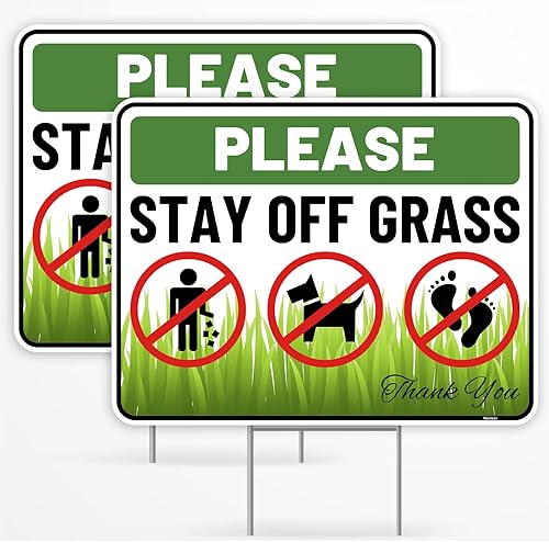 Letrero de 2 piezas con estaca, 17 x 13 pulgadas, plástico corrugado, con texto en inglés Keep Off Gras, Don't Walk On Grass Lawn Hand, letrero de