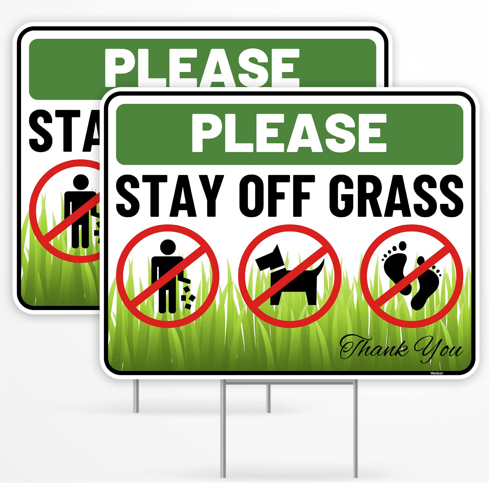 2PC Stay Off Grass Sign with Stake, 17 Inches by 13 Inches - Corrugated Plastic - Keep Off Dont Walk On Grass - No Dog Pooping Peeing Curb Your Dog Sign
