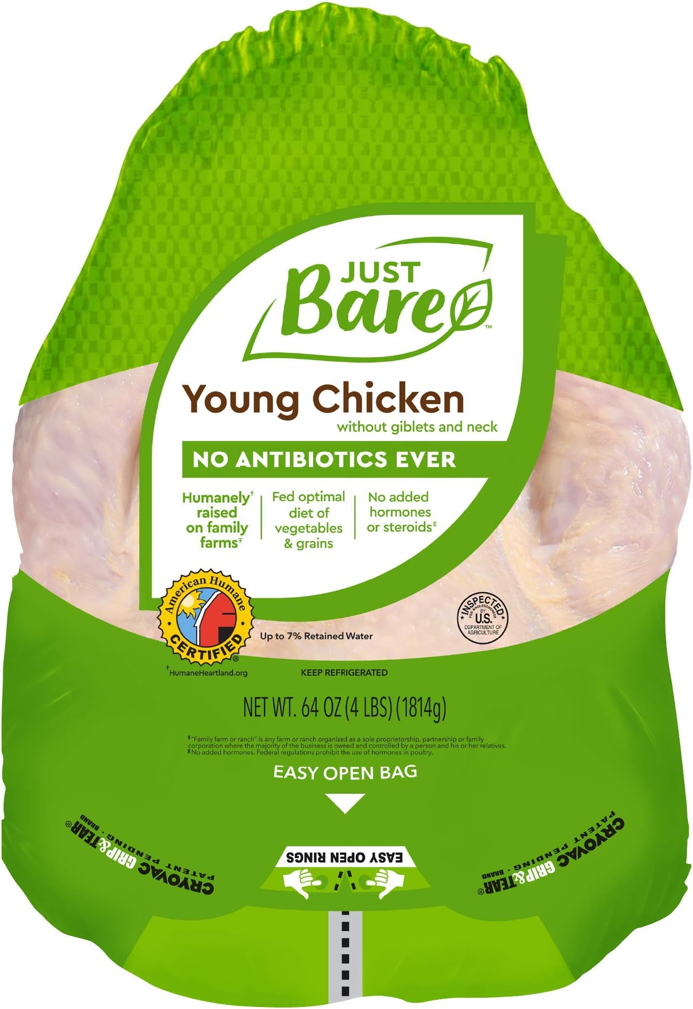Just Bare® Natural Fresh Whole Chicken | Antibiotic Free | Bone-In | Without Giblets & Neck | 4.0 LB