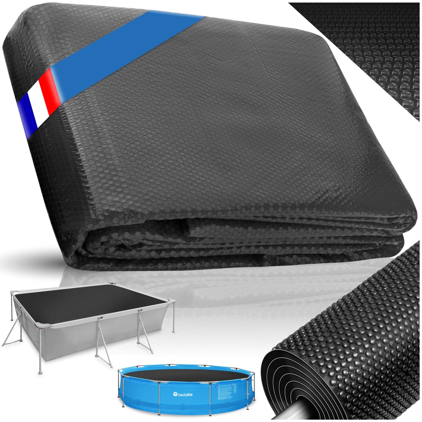 tectake® Bâche chauffante Piscine Rectangulaire 5x8 m Noir Bâche de Protection & Chauffage Piscine Hors Sol Spa Piscines tubulaires, Adaptable à la Taille souhaitée, Chauffage Solaire