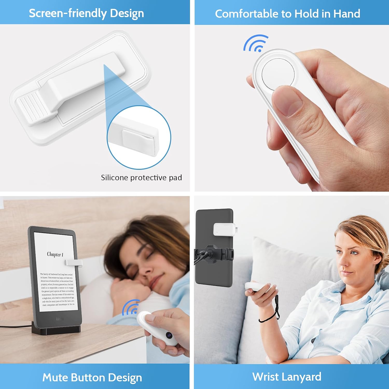 Image highlighting design features of the TiMOVO Page Turner, including a screen-friendly silicone pad, comfortable grip, mute button, and wrist lanyard.