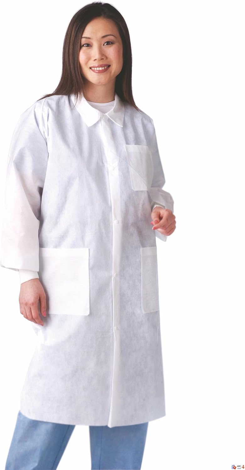 Medline Disposable Knit-Cuff Multilayer SMS Lab Coat with Traditional Collar, White, Size 2XL, Case of 30