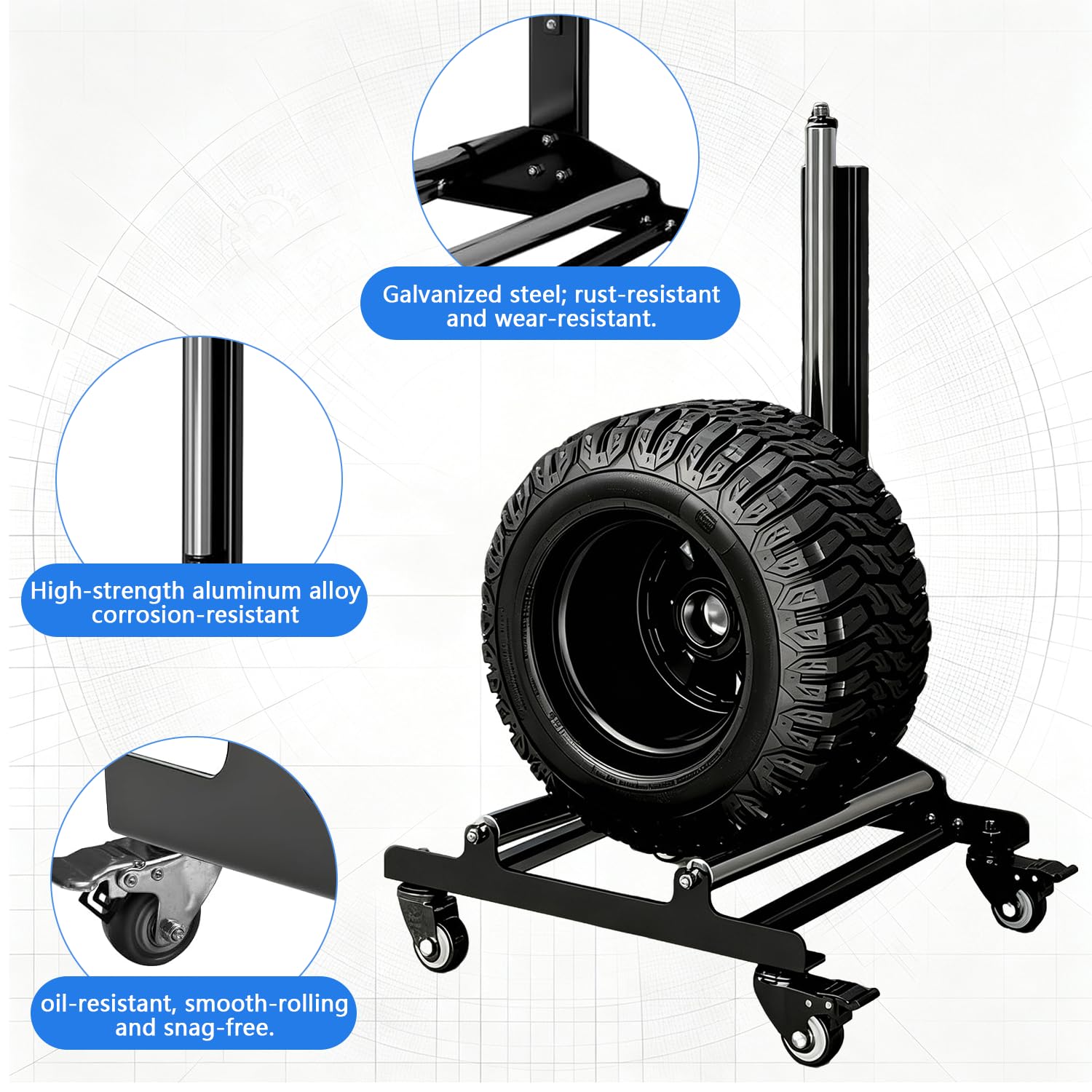 Reifenregal Reinigungsständer Autoreifen mit Laufrollen, Höhenverstellung Metall Reifenständer 4 Rollen mit 2 Universalrollen Design für Reinigung, Polieren, Versiegelung und Wartung von Rädern