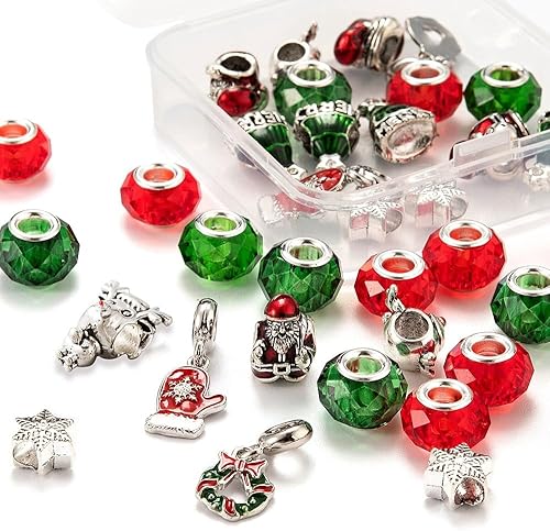 Miniatura 5 de KISSITTY Juego de 36 cuentas europeas de Navidad de 4 a 0.197 in, cuentas de aleación y vidrio con agujero grande, cuentas de Rondelle facetadas