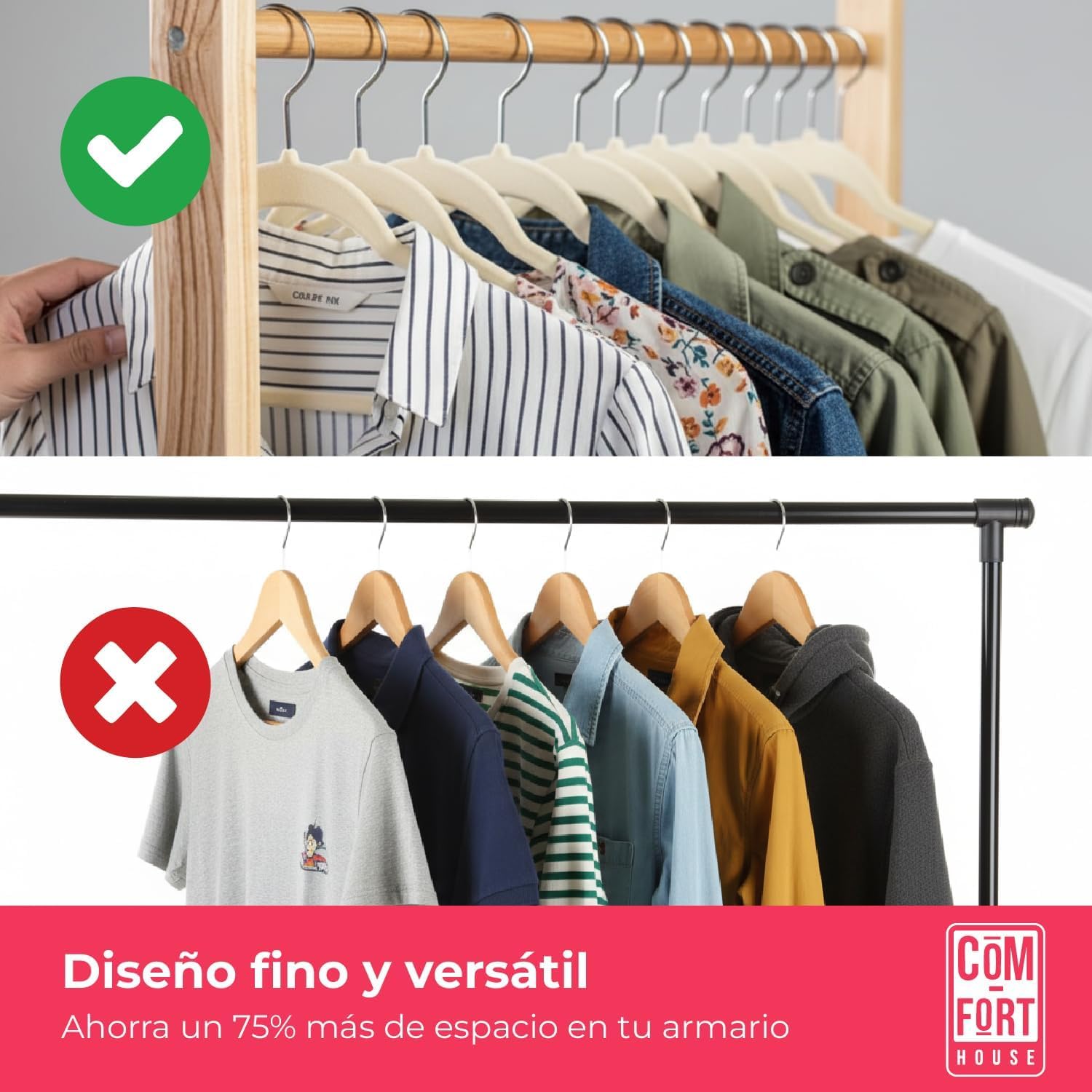 COM-FORT HOUSE Perchas de Terciopelo Antideslizantes Pack 100 – Beige – Ultrafinas Ahorra Espacio – Gancho Giratorio 360° – Perchas para Ropa, Trajes, Vestidos y Camisas