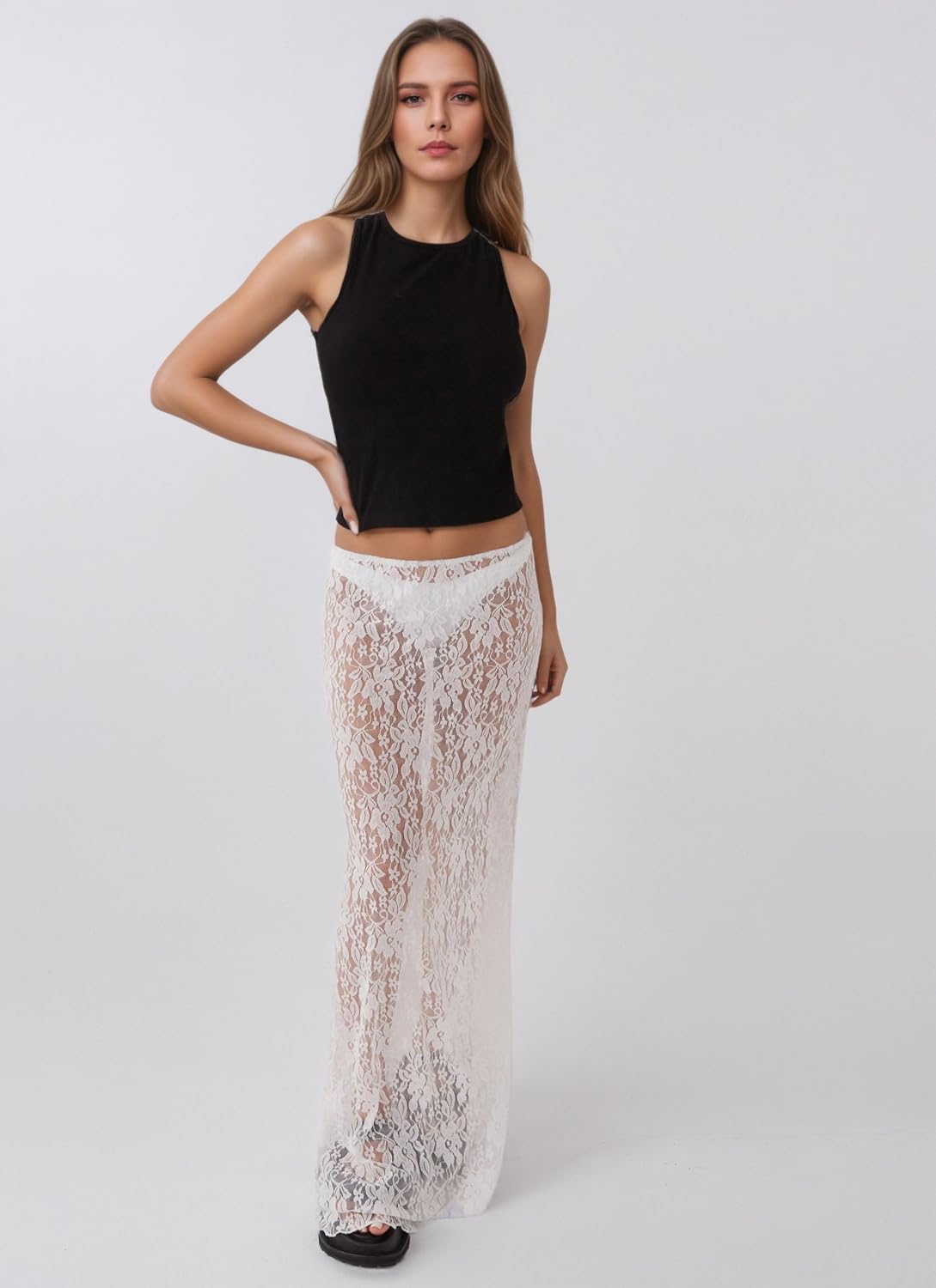 Sheer Mesh Lace Maxi Skirt Women | Stretchy lace，Long, See-Through,Elastic waist，Beach,Vacation, Resort, Festival,Cover-up
