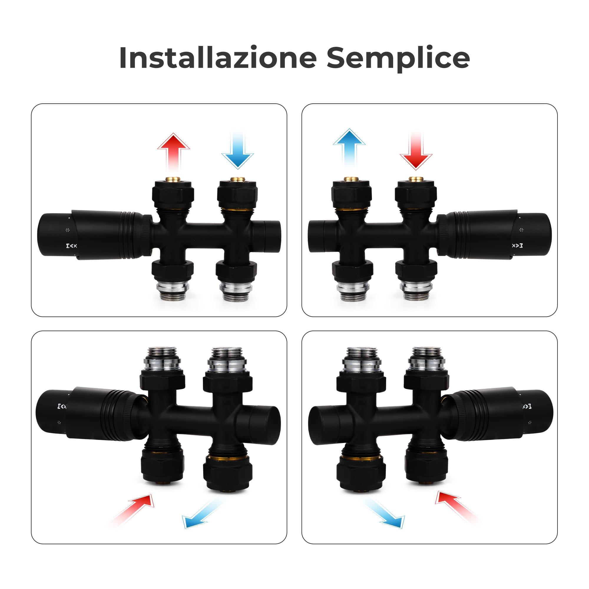VANCOCO 2 pezzi multiblocco con termostato per radiatori 50 mm distanza mozzo, blocco rubinetto, rubinetti valvola a forma di passaggio con cono europeo per tubi in plastica Ø 16 × 2 mm e diametro 15