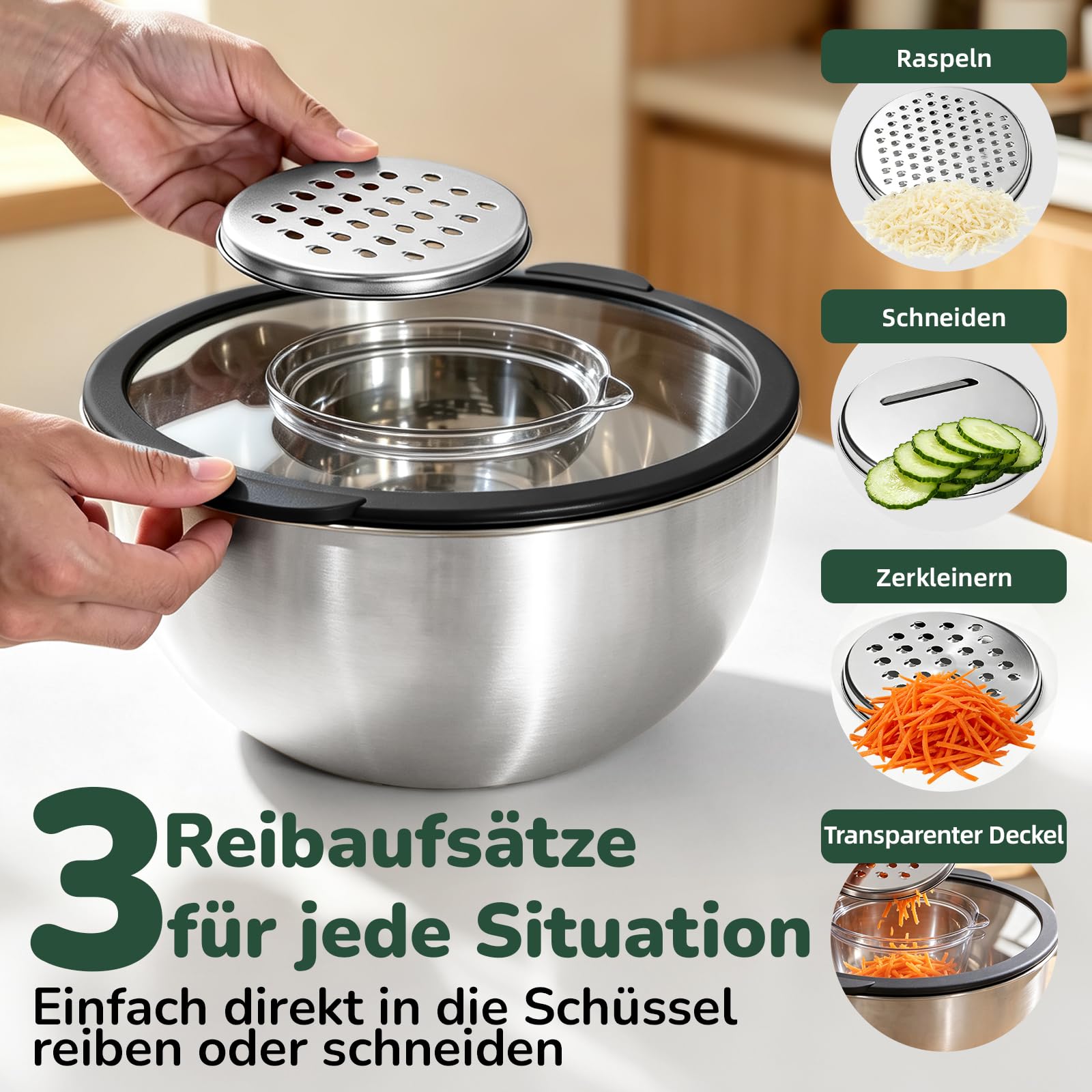 Salatschüssel mit Transparentem Deckel 5er Set - Edelstahl Rührschüssel aus stapelbar, 0,7l + 1,7l + 2,2l + 3,4l + 5,6l, Schüsselset zum Mischen & Servieren | Spülmaschinenfest | inkl.Reibe