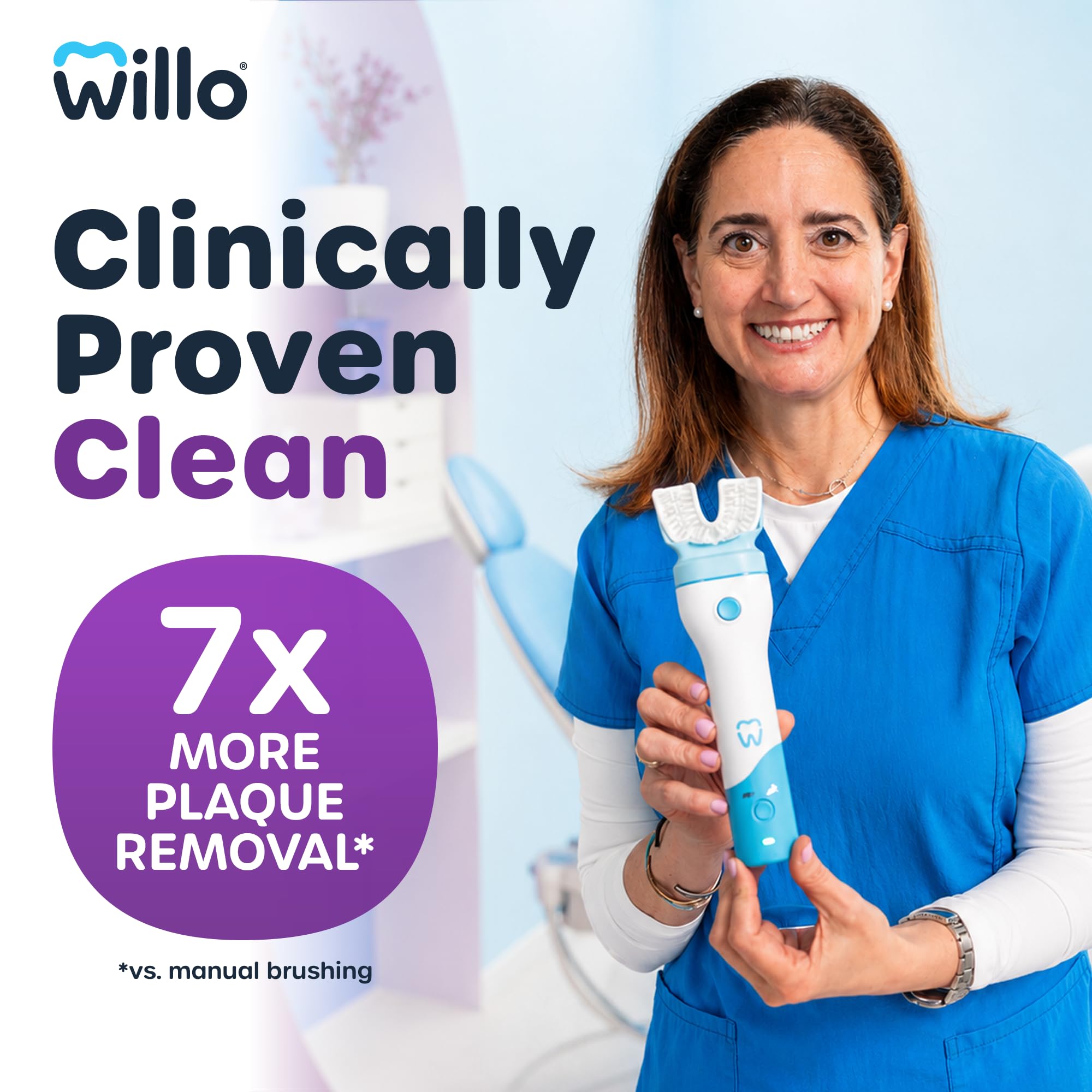 Willo BrushBot - Starter kit per bambini a forma di U, spazzolino automatico per bambini, timer da 2 minuti, connettività con app, setole morbide, ricaricabile, rimozione della placca, piccole bacche