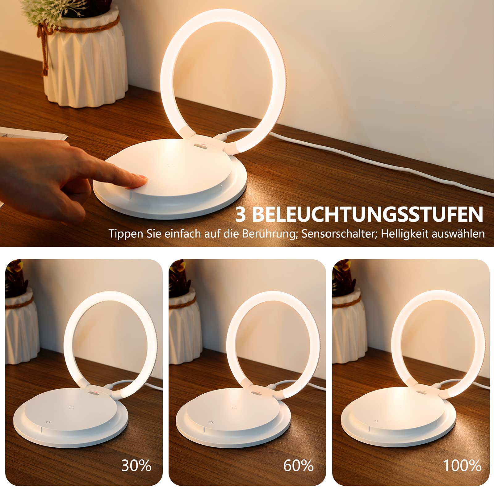 HTU Lampada da comodino a LED Touch dimmerabile con caricatore senza fili, moderna lampada da scrivania con 3 livelli di luminosità per bambini, luce notturna con supporto USB per cellulare