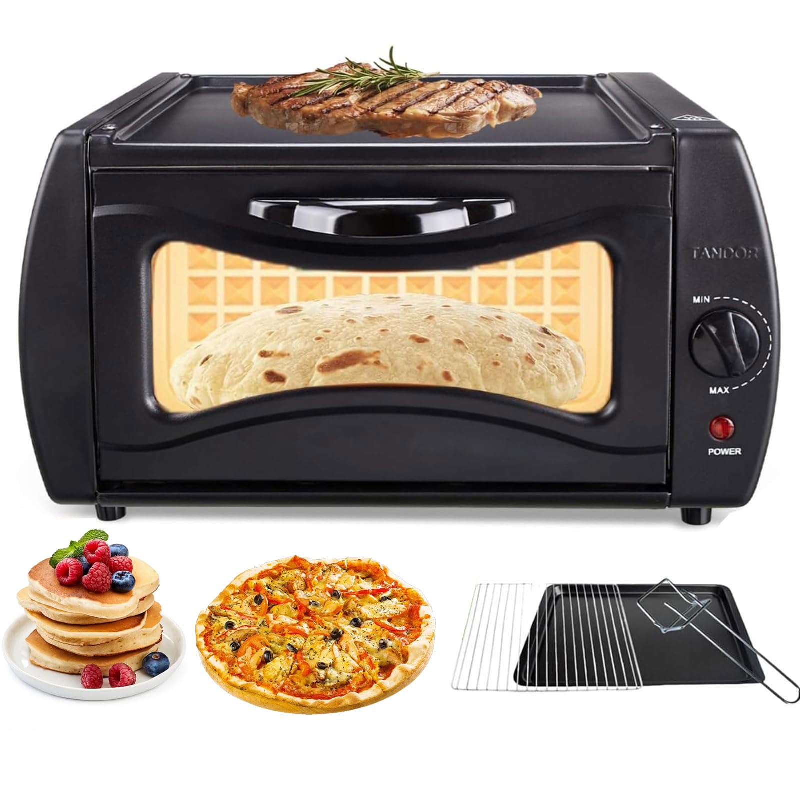 Horno Tandoor Eléctrico de 15L, Máquina para Pizza de Encimera con Bandeja para Hornear, Rejilla y Pinzas, Placa Superior Calefactora y Control de Temperatura 122°F-752°F, Máquina para Roti Cha black