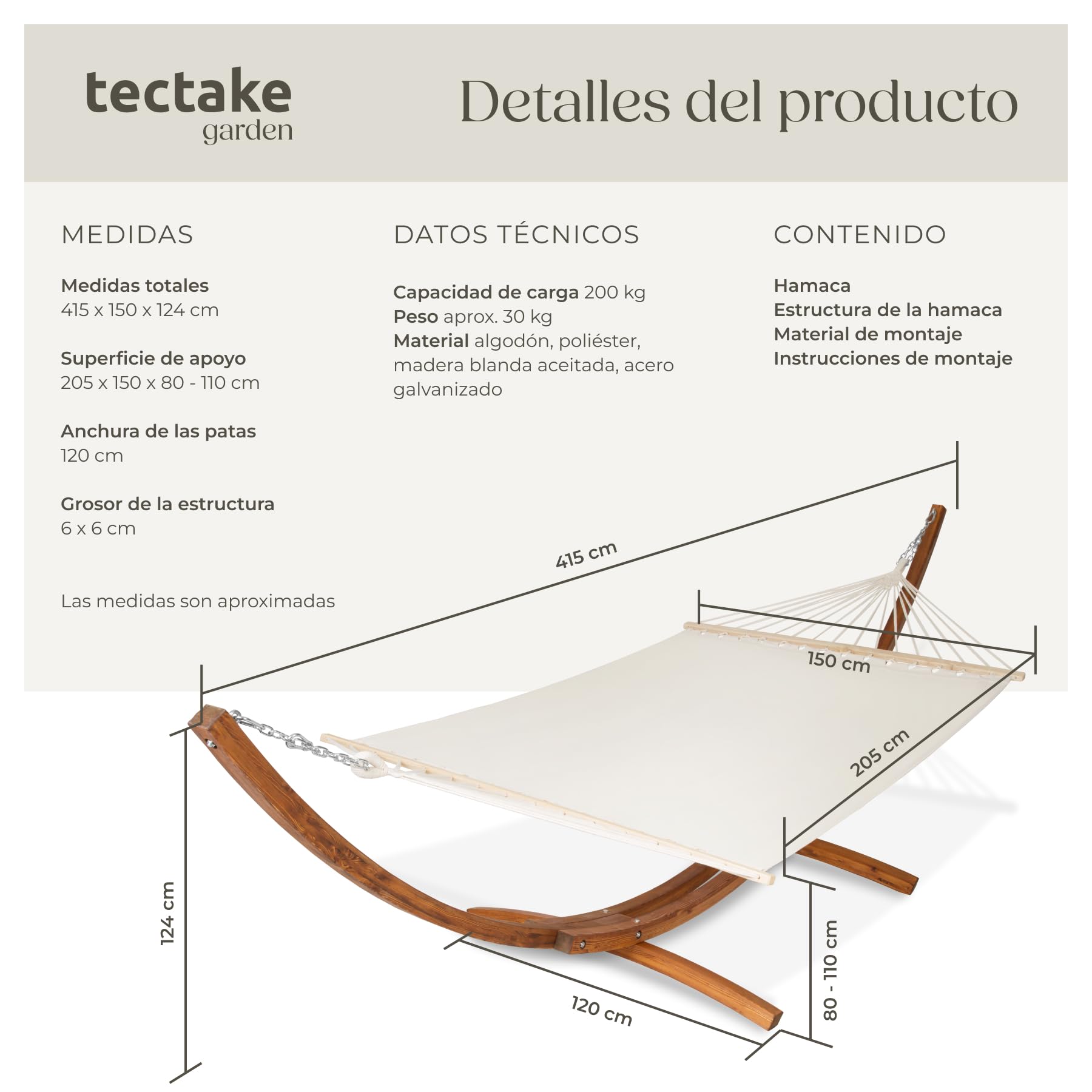 tectake® Hamaca Jardin XXL Colgante para 2 Personas, Robusta, Tumbona Jardin Exterior y Terraza, Cama Doble, Montaje Fácil, con Accesorios, Ideal para Camping y Camper Furgoneta - Blanco