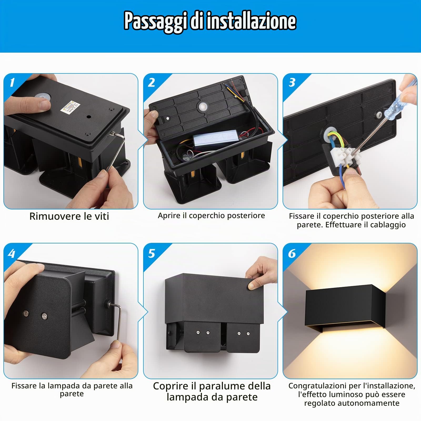 4 lampade da parete a LED da 24 W, per interni/esterni, colore nero, lampada da parete regolabile su e giù, lampada da parete per esterni, luce bianca calda, 3000 K, IP65, impermeabile