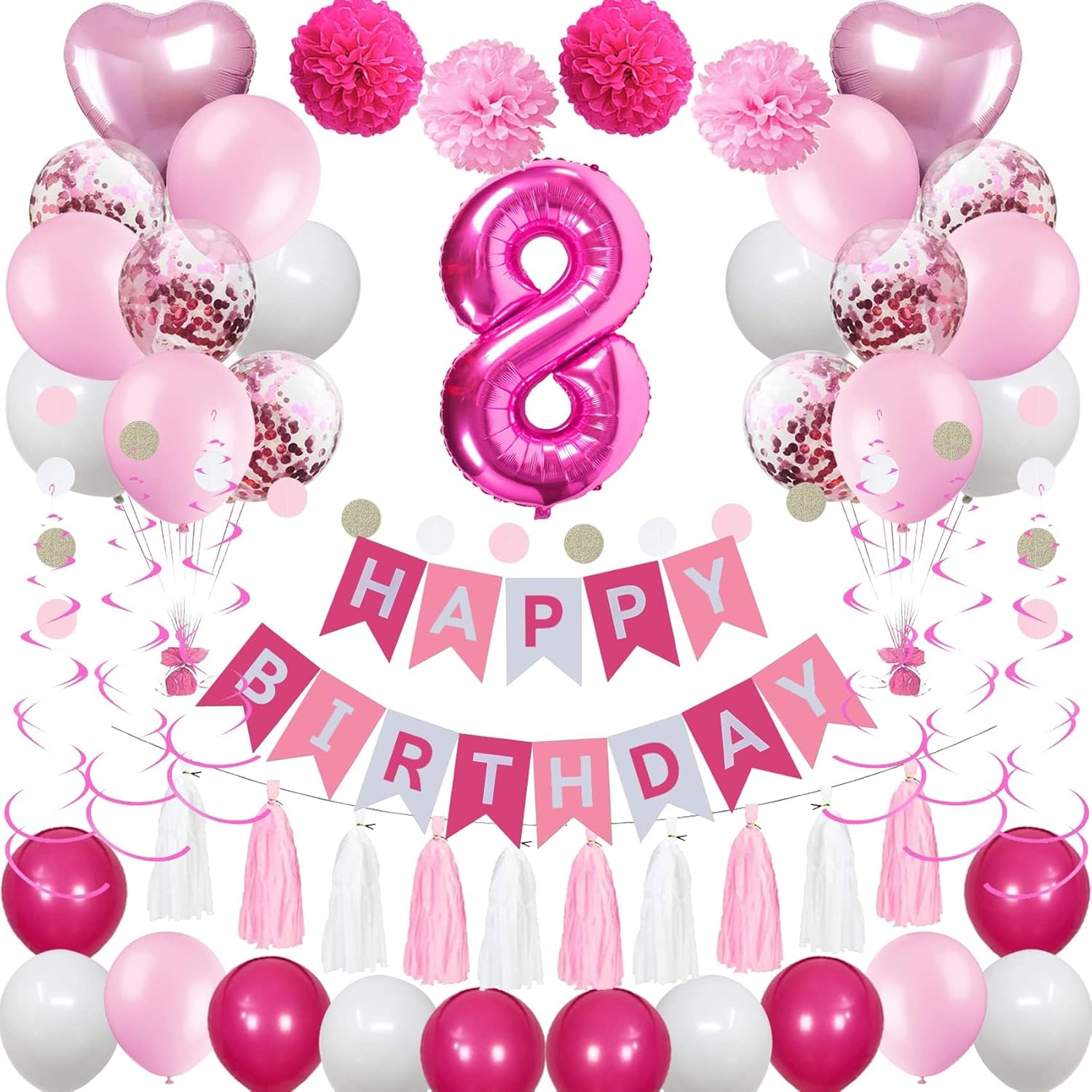 8th Birthday Decorations for Girls, Pink White 8 Happy Birthday Balloons, Birthday Party Supplies Including Pink Happy Birthday Banner, Number 8 Foil Balloons