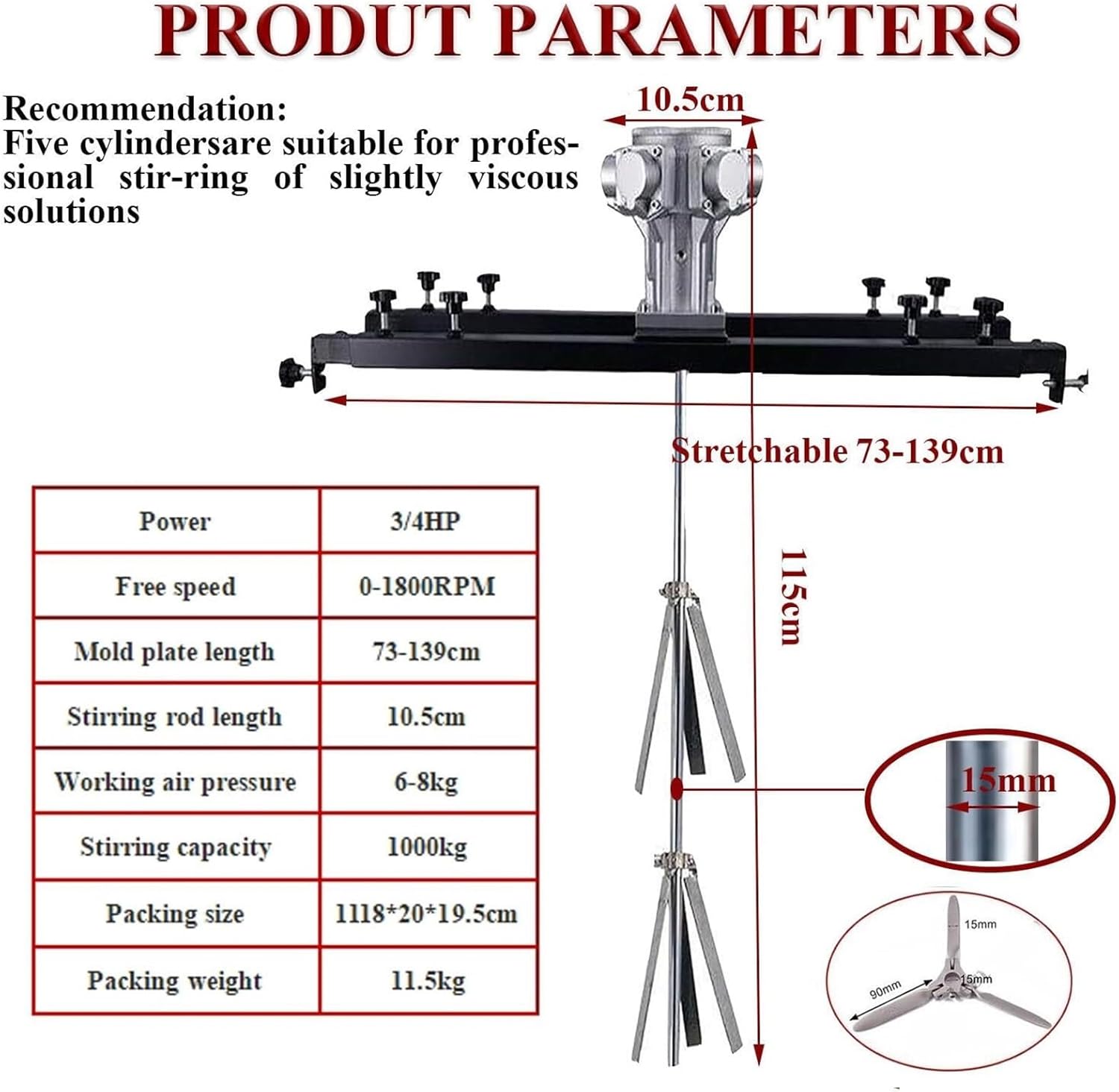 WTRYRN Barrel Pneumatic Stirrer, Air Stirrer Paint Stirring Tool, IBC Pneumatic Stirrer, Can Meet Industrial Mixing Needs, Used for Mixing Paints, Coatings Smallfive-cylinder
