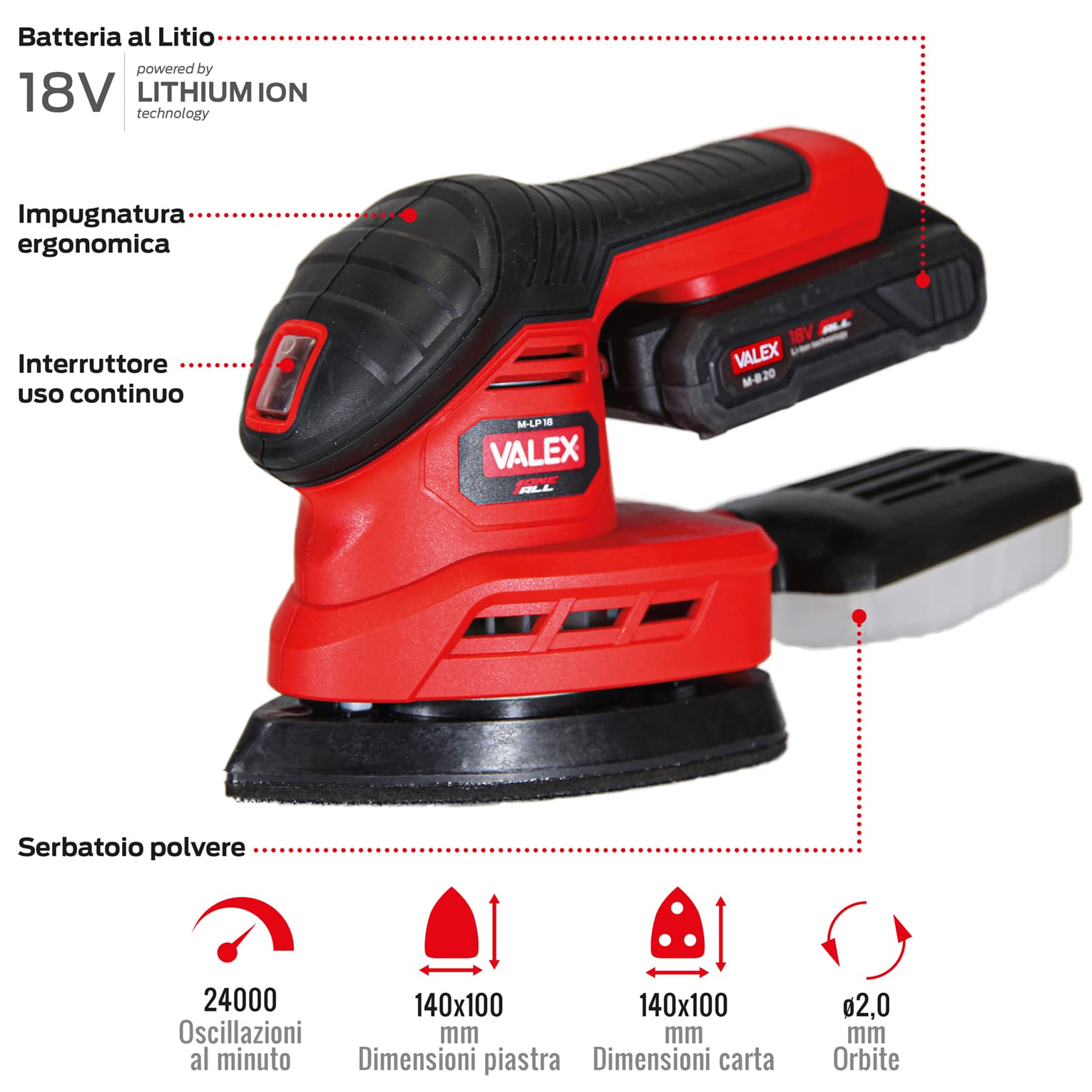 Valex M-LP18 Levigatrice Palmare a Batteria OneAll 18V in Kit con Batteria 2Ah e Caricabatterie 1,7A, 6 Fogli Abrasivi inclusi.