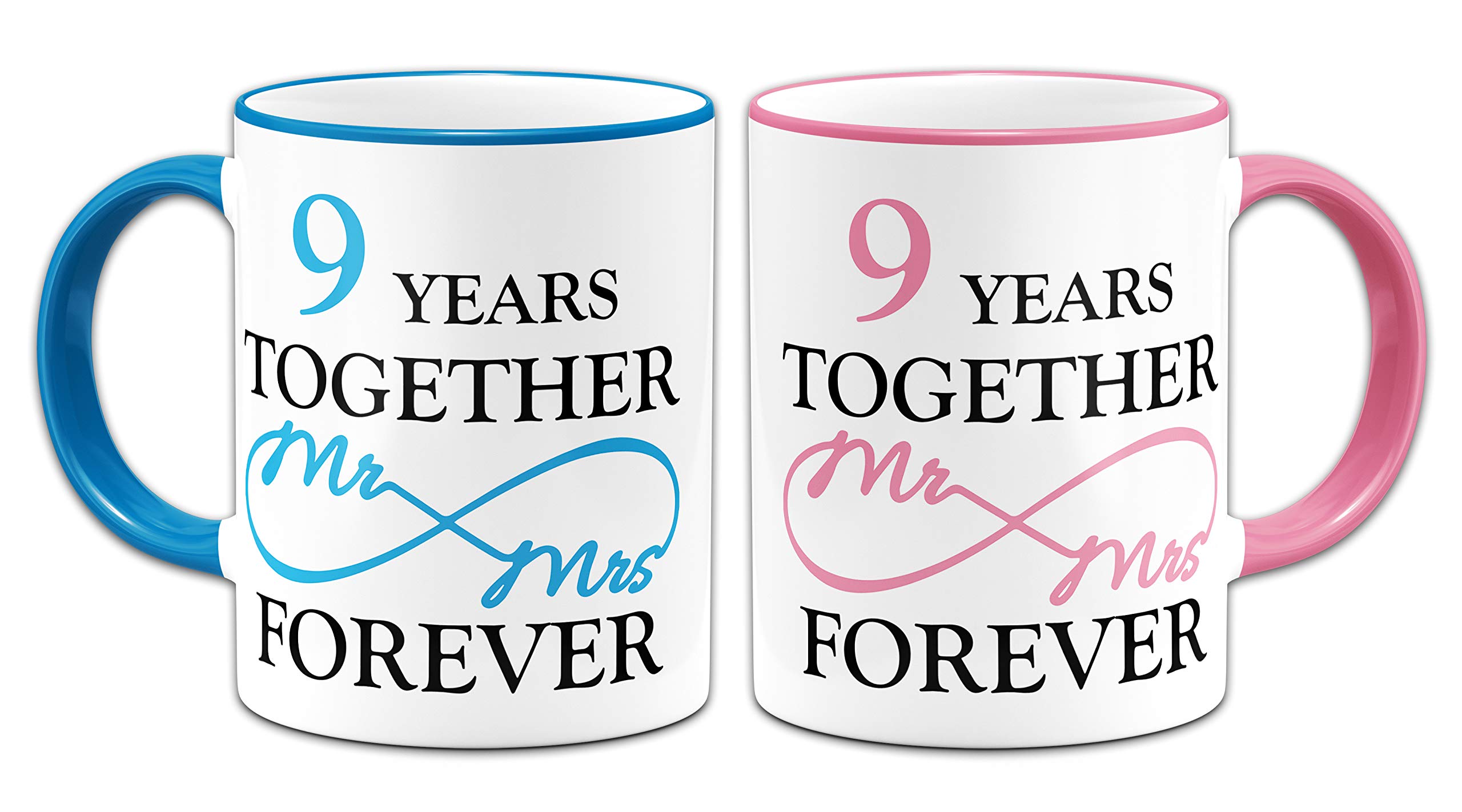 Pair of Mr & Mrs Together Forever Anniversary (9th Pottery) Novelty Gift Mugs - Blue & Pink
