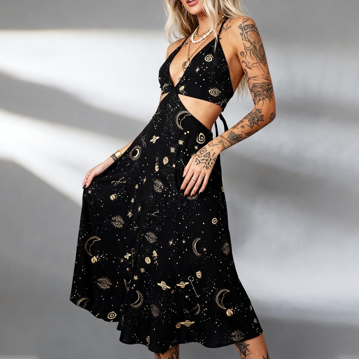 Celestial Maxi Dress, Black with Moon and Stars Print, Halter Neck Cut-Out Design - Image 4
