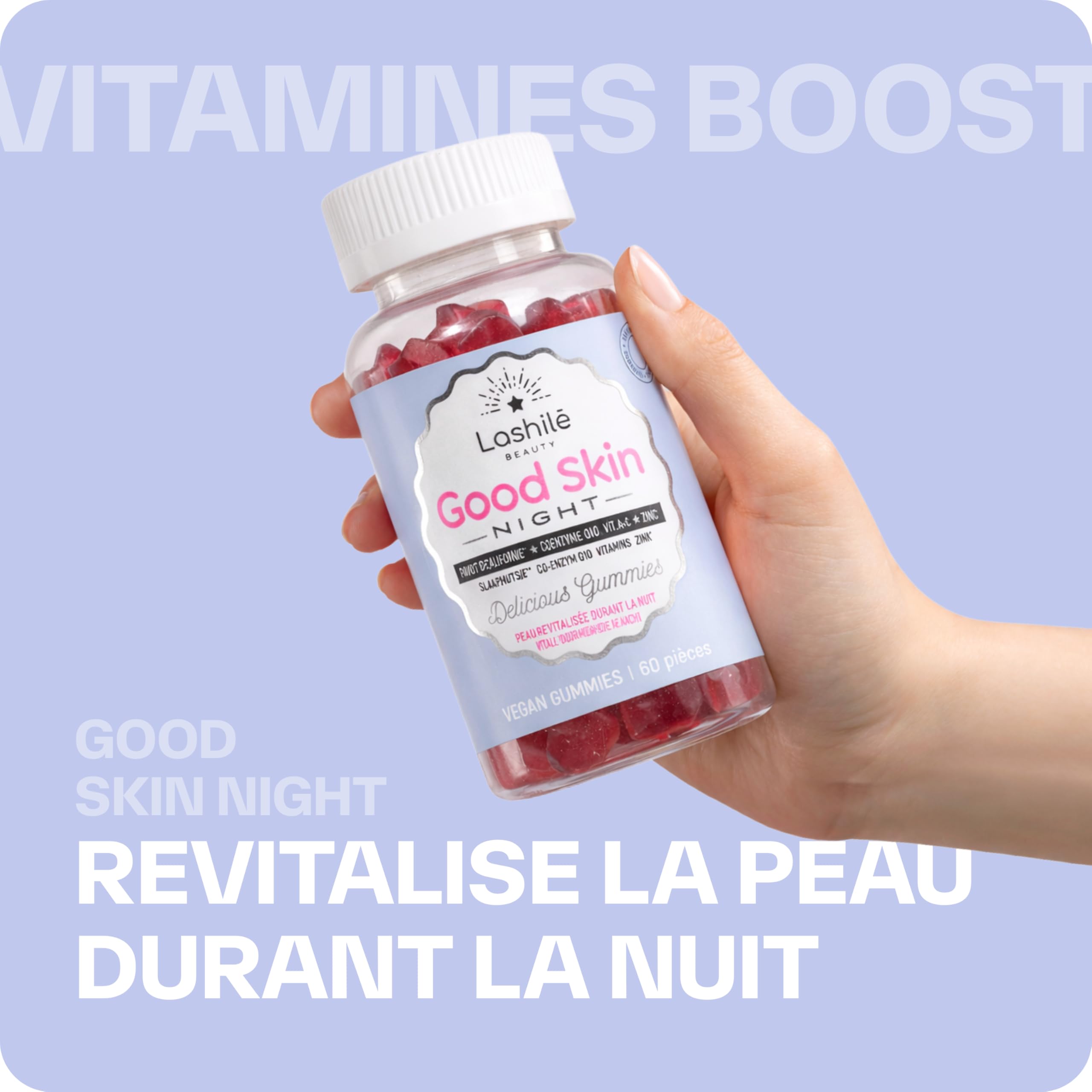 Lashilé Beauty - Complément Alimentaire - Régénérateur de peau pendant la nuit - Good Skin Night - Made In France - Coenzyme Q10 Vitamine A C Zinc - Cure 3 Mois 180 Gummies