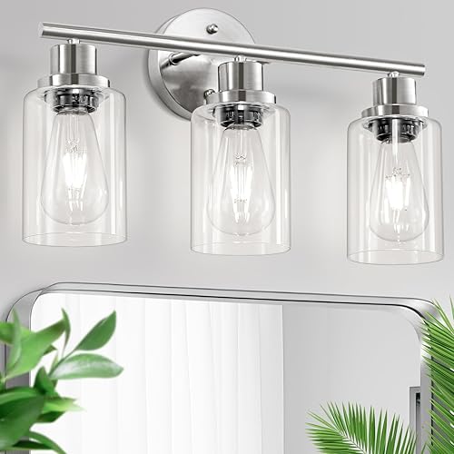 Luces de tocador de níquel cepillado de 3 luces, lámparas de baño modernas E26 con pantalla de vidrio transparente, lámparas de pared para espejo,