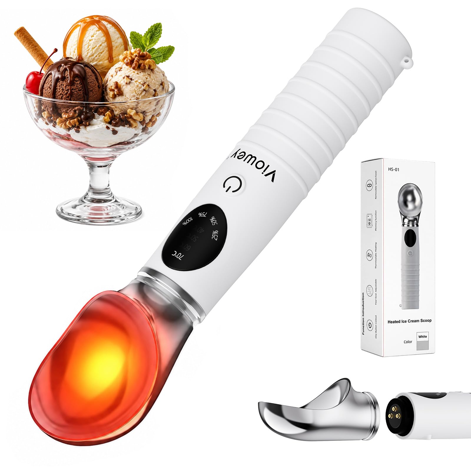 Heated Ice Cream Scoop Rechargeable, 4 Heat Settings 40°C–70°C, Detachable Food Grade Head Electric Warming Ice Cream Scoop, LED Display, IP67 Waterproof, for Frozen Butter, Sorbet, Gelato (White)