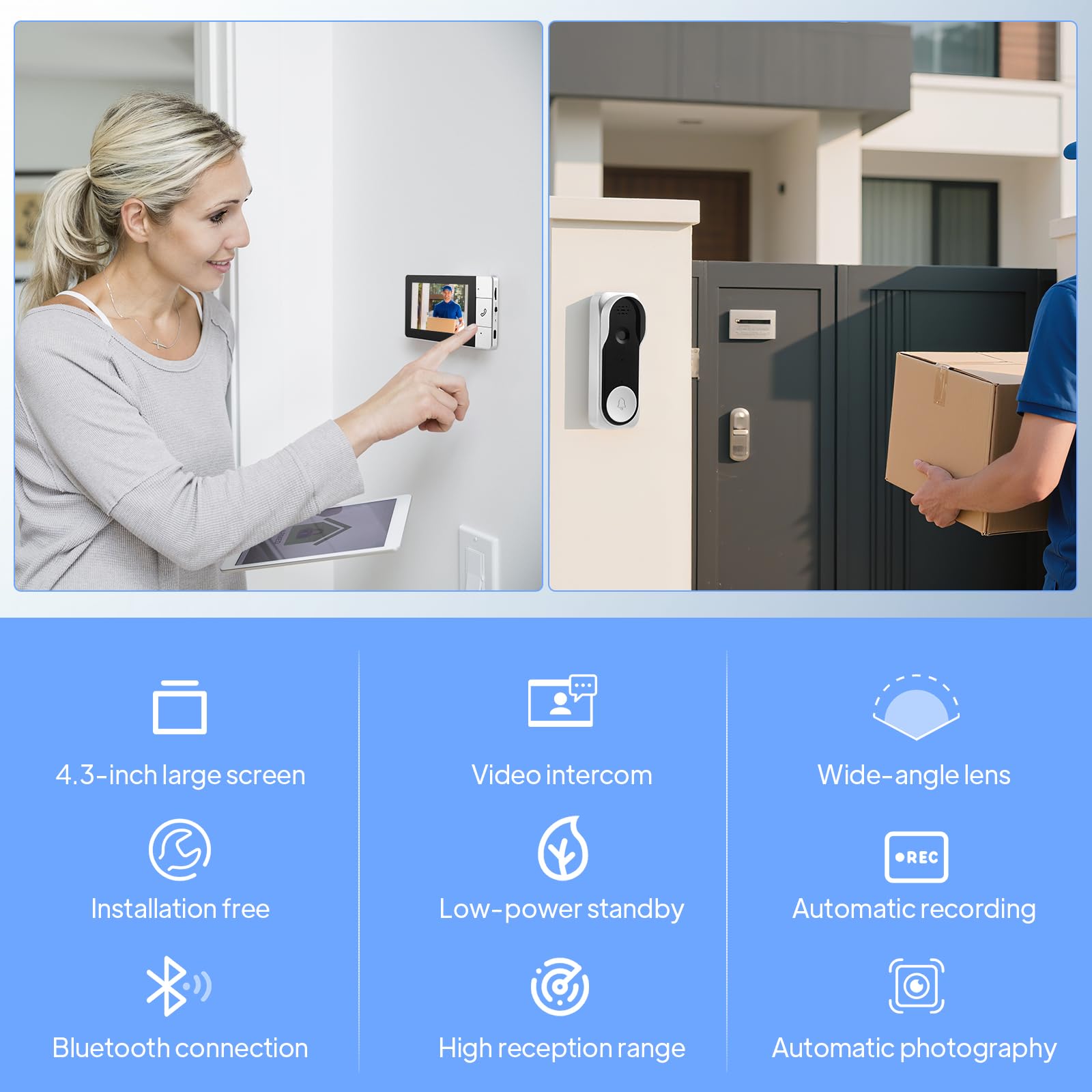 Sonnette sans Fil avec Caméra, Visiophone Vidéo Extérieur, sonnette vidéo étanche IP65 1080p avec Écran 4.3", angle de vision HD 360°, Audio bidirectionnel, vision nocturne, sans APP,sans WiFi