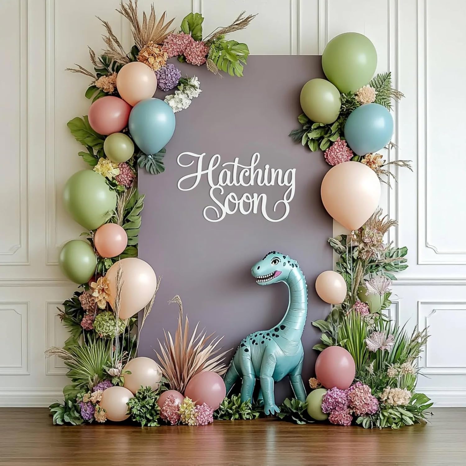 Hatching Soon Sign for Backdrop,Wooden Dinosaur Baby Shower Decorations,Dinosaur Theme Banner Wall Decorations for Dino Party Photo Booth Centerpiece Prop