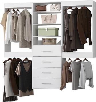 96" Modular Closet with Hanging and Drawers, White Wood Tower for Walk-In Closets, Wall-Mounted Wardrobe Organizer