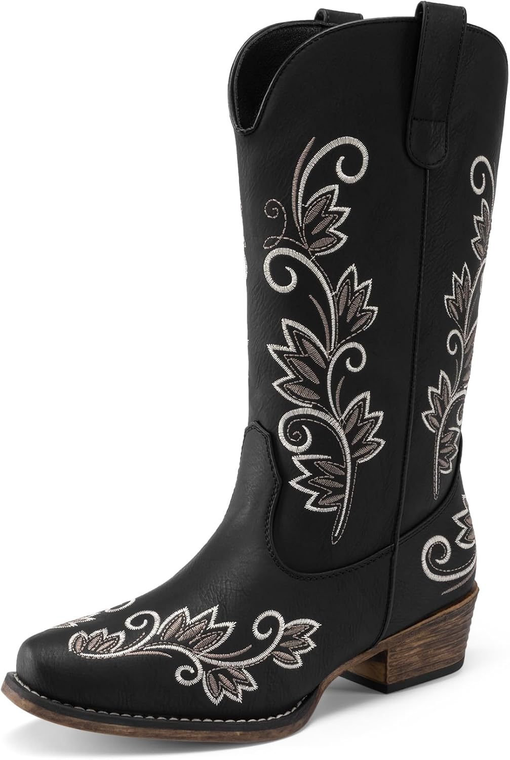 DREAM PAIRS Women's Cowboy Cowgirl Western Mid Calf Boots Square Toe Embroidered Stitched Pull On Country Boots with Low Chunky Heel