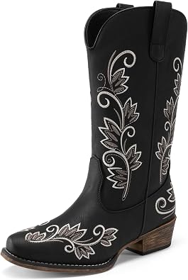 DREAM PAIRS Womens Cowboy Cowgirl Western Mid Calf Boots Square Toe Embroidered Stitched Pull On Country Boots with Low Chunky Heel